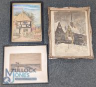 3x Period Pictures, to include a watercolour winter scene - with indistinct signature Sean ???, a
