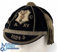 Harlequins 'A' XV 1920s Rugby Honours Cap: Striking item, black 6 panelled with silver braid,