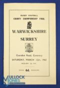 1960 County Champs Final Rugby Programme: 8pp illustrated Coventry issue with slight wear for