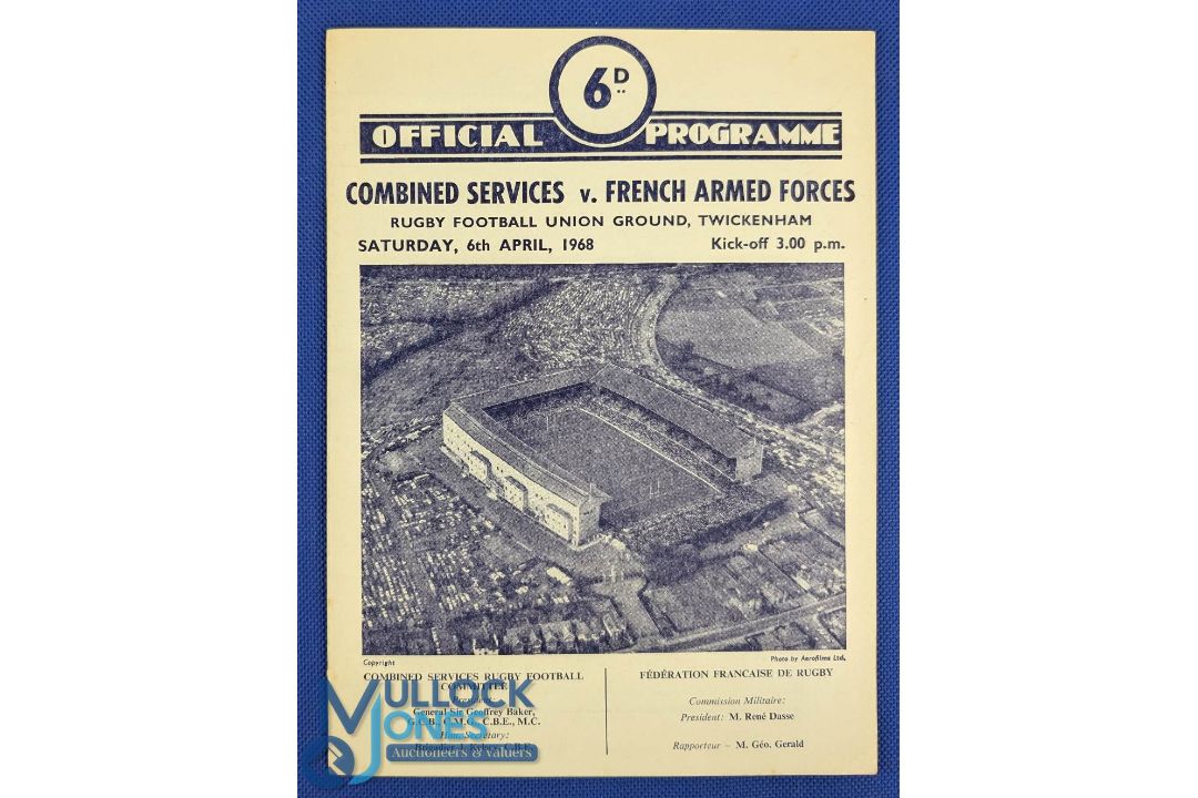 1968 Combined Services v French Armed Forces Rugby Programme: Steele, Simpson, Larter, Sillieres,