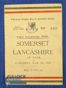 1935 County Champs Final Rugby Programme: Worn, small attractive issue for Somerset v Lancashire.