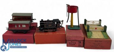 Hornby O Gauge Tinplate Clockwork Locomotive and Rolling Stock Buildings, - all boxed to include