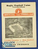 1935-6 London Counties v New Zealand Rugby Programme: Usual Twickers 4pp card for the first of two