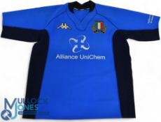 Italy ‘A’ Rugby Jersey: 2001 Matchworn ‘rubberised’ feel blue jersey, matchworn by No.7, fully logo