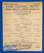 Rare 1922 United Services v Public Schools Rugby Programme: 4pp buff card, lovely survivor, change