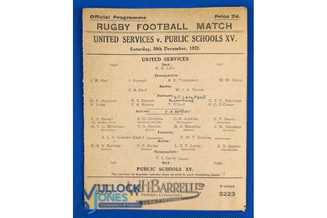 Rare 1922 United Services v Public Schools Rugby Programme: 4pp buff card, lovely survivor, change