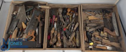 Period Tools: a mixed lot of 3 wooden drawers to include tenon saws, WH Brades brick trowels, set