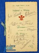 1935 Rugby Dinner Menu, Ireland v Wales, autographed: No fewer than 36 signatures in pencil on