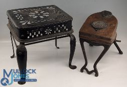 Antique Steel Fire Trivet and Fletcher Russell foot bellows with cast feet
