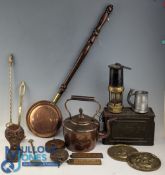 Brass Copper Metal Ware Collectables, to include bed warmer, toasting fork, ladle, miners lamp,
