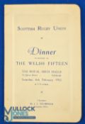 1932 Rugby Dinner Menu, Scotland v Wales: Crisp clean 4pp Edinburgh card with tiny staple holes to