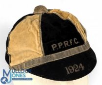 Percy Park RFC 1924 Rugby Honours Cap: Black and cream, striking 6 panelled issue with silver braid
