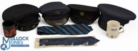 Vintage Bus Company Hats, Caps, Tie and Mug, to include BKV Hungary cap with badge, a cap with a