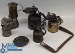 3x Brass Paraffin Burners, Carbide lamp by Bauer, a Welsh brass miners' lamp (with wear) a good