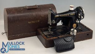Wooden Cased Singer Sewing Machine, with electric motor and foot pedal, the wooden domed case has it