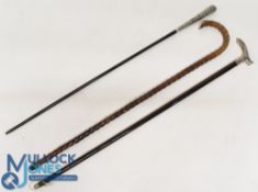 3x Period Walking Sticks, 2 with white metal tops, and a thorn walking stick