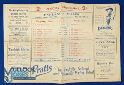 1927 England v Wales Rugby Programme: Foldout Newspaper style. Good condition for age