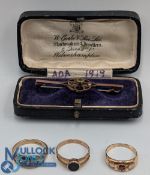 9ct Gold Rings 3 in total 2 marked 9ct and one 15ct with garnet stone, together with 9ct brooch (