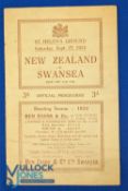 Scarce 1924 Swansea v New Zealand Rugby Programme: 4pp buff card, v small marks and scores within,