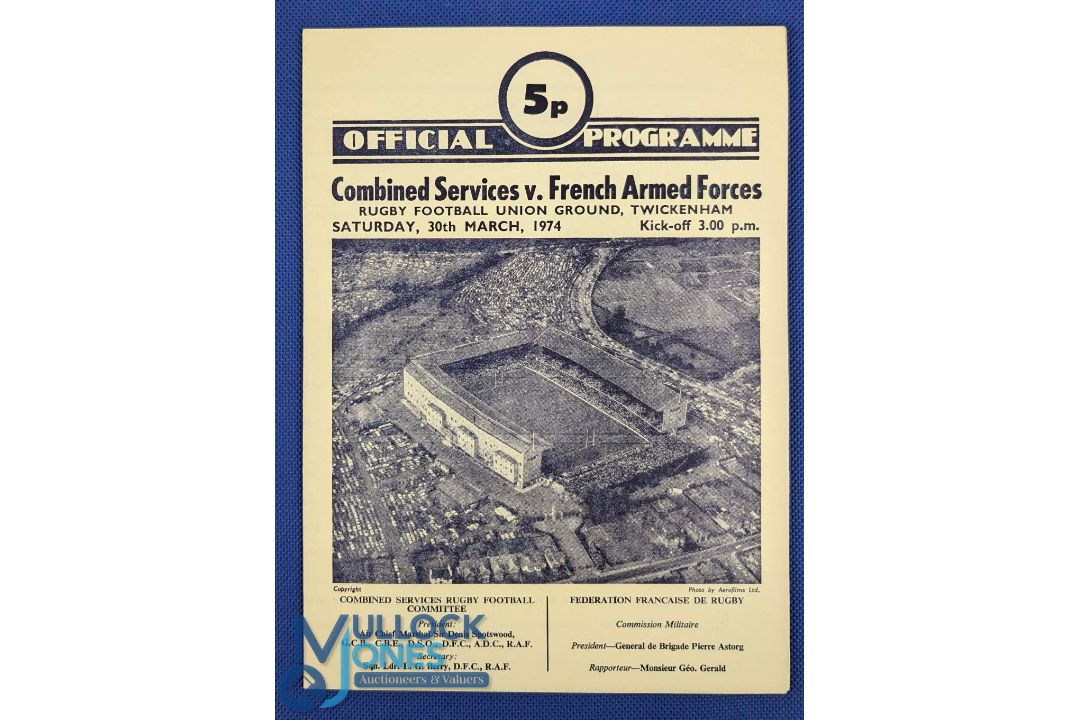 1974 Combined Services v French Armed Forces Rugby Programme: Billy Steele, Peter Larter, J-M