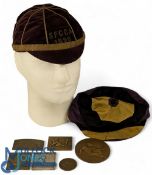 Pair of Rugby (or?) Honours Caps plus 6 French Rugby Medals (8): One thin silk purple, black and