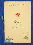 1937 Rugby Dinner Menu etc, Ireland v Wales, autographed: c/w Menu card from previous evening's