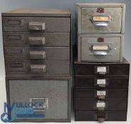 5x Period Vintage Metal Filling Drawers, assorted makers, small table top filling drawers, great