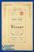 1931 Rugby Dinner Menu, Wales v France, autographed: Ronnie Boon's copy, signed by 28 of those