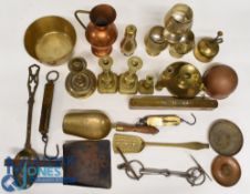 Brass and Copper Selection, to consist of candle sticks, goblets, jugs, pots, scoops, sprayer (box)