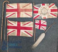 4x Period Union Jack Flags, a 1911 Coronation flag and 3 others all having wooden / bamboo