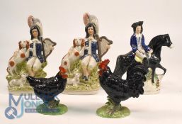 Ceramic Figurines: 3 later flat back figures featuring Dick Turpin, matching pair Lady with Dog,