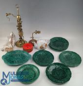 5x Victorian green Majolica leaf form plates and 3 marked Wedgwood (one has a repair), plus