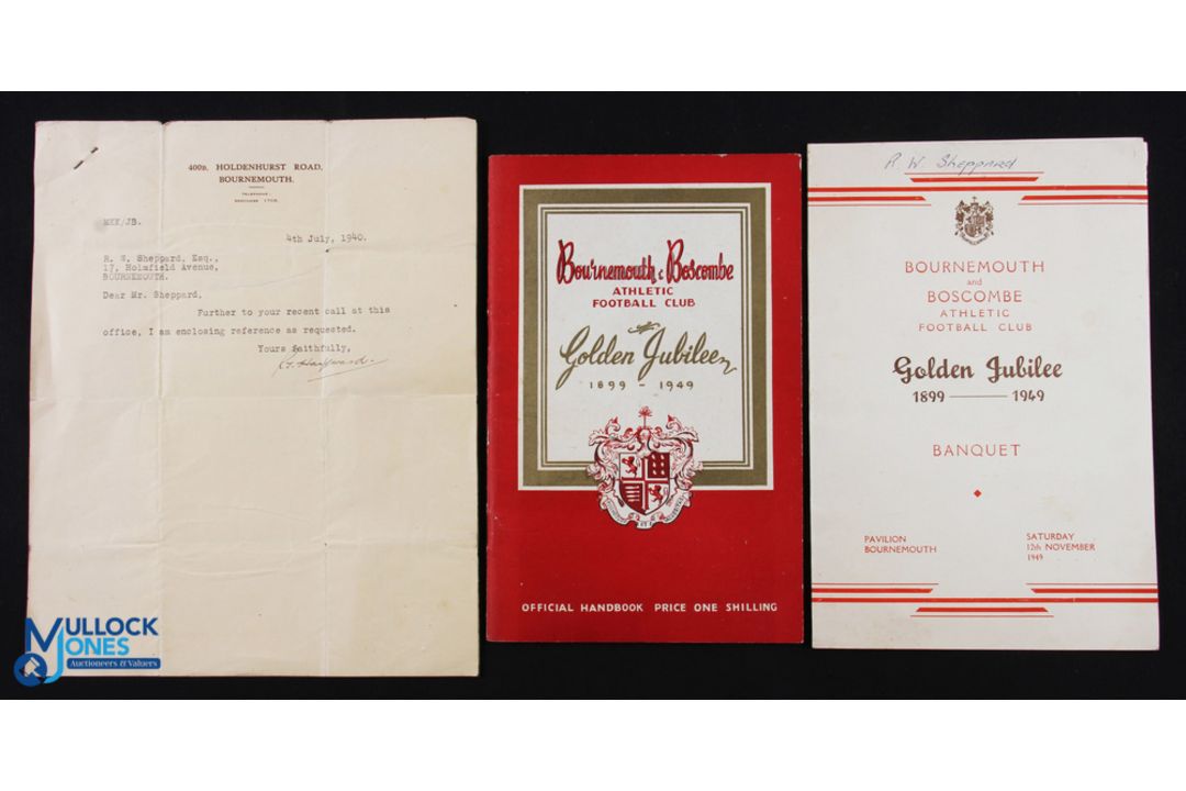 Bournemouth & Boscombe Athletic Golden Jubilee 1899-1949 celebration banquet menu 12 November 1949