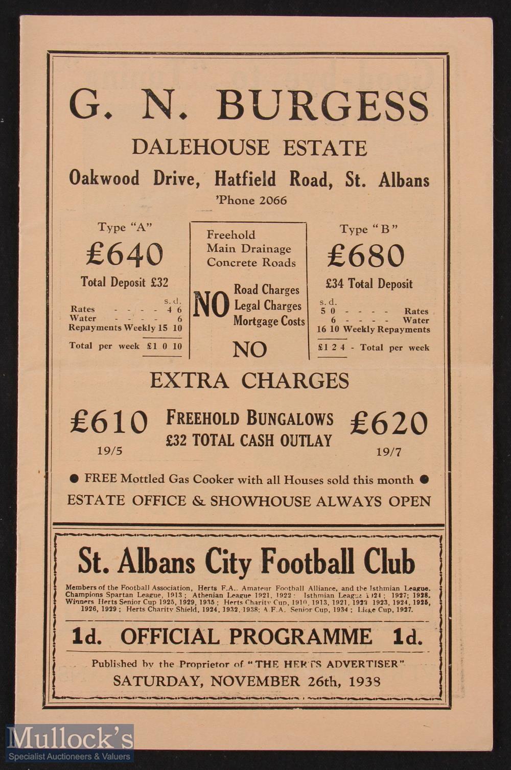 Pre-War 1938/1939 St. Albans City v Horsham Amateur Cup qualifying round replay programme 26