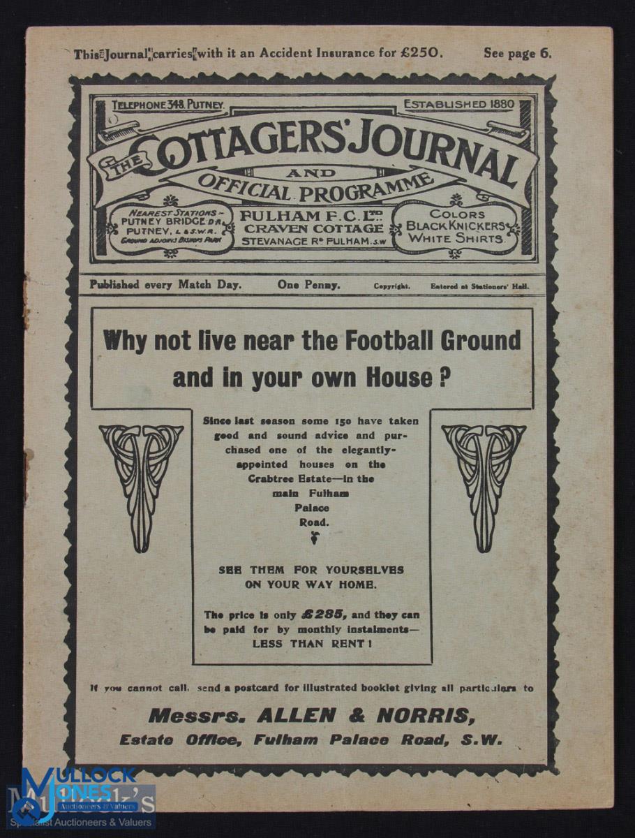 1913/1914 Fulham v Stockport County football programme Div. 2, 7 February; generally good