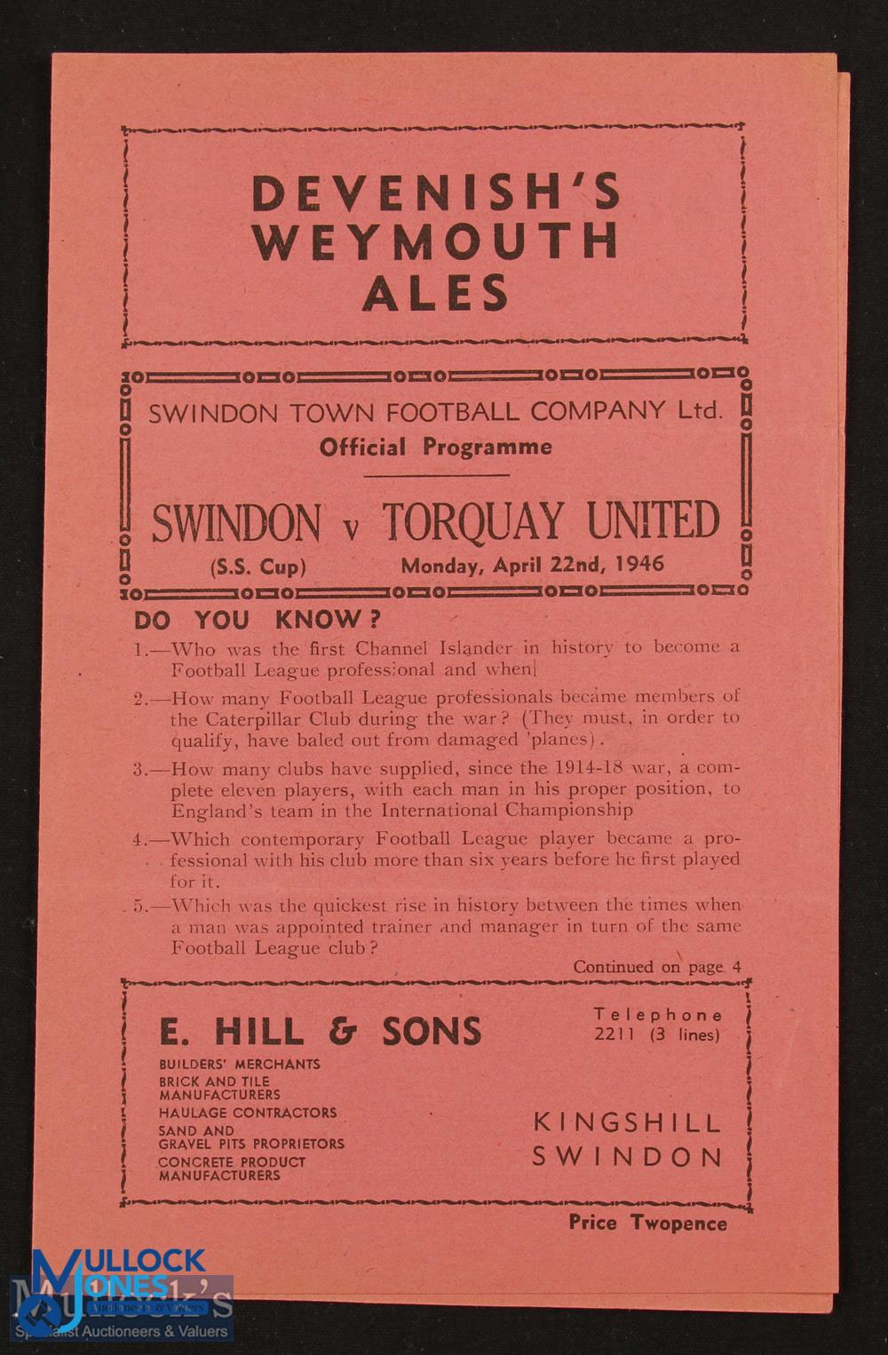 1945/46 Swindon Town v Torquay United, S.S. cup match programme 22 April 1946; 4 pager, good