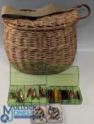 Modern Wicket Fishing Creel, having webbing shoulder strap with a selection of Salmon tubes
