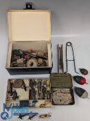 Japanned Fishing Tackle Tins with a selection of mostly pike accessories inside, lures gaff tops,