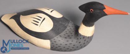 Duck Decoy - a hand carved wooden decoy duck by James Haddon, naturally painted specimen, measures