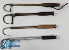 Four Period Fishing Gaffs, unbranded 3 brass telescopic with fine turned wooden handles, and an