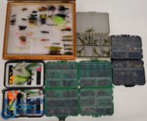 Four plastic fly boxes with a large collection of mayflies. Large box 10 1/2