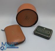 Hardy Bro Leather Fishing Reel Case 14cm diameter with felt lining, fly wallet with wool lining
