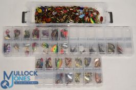 Over 300 lures and spinners, all look good, in 4 plastic boxes