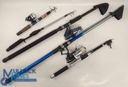 5x Telescopic Fishing Rods, Ron Thompson Shakespear and unbranded 3 with reels attached, 2 fixed
