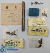 Period Hardy Bros Fishing Thermometer, with Hardy flies, line hooks, empty tin and mother of pearl