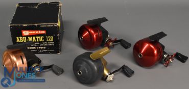 ABU Abumatic closed face reels (4) includes a 120 model in maker's card box, a 136 model in gold