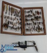 Turrel Fly Tying Vice, lever top, with C clamp fitting, comes with a wooden box of salmon flies,