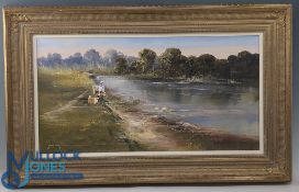 John Horsewell, River Scene, with a fisherman, signed, oil on canvas, in gilded gold frame 40 x