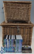 34x DVD Coarse Fishing related, in 2 well used wicker fishing tackle boxes/seats, both show signs of