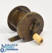 Early brass wide drum multiplier fishing reel, bone handle, 3 pin foot, turns well, with a good